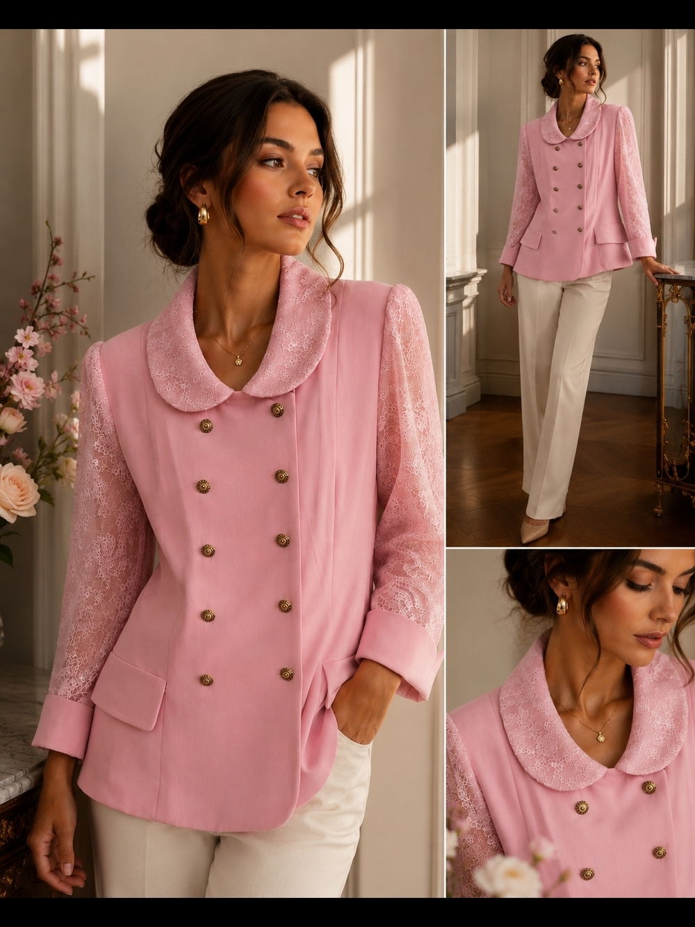 vintage 1980s to early 1990s Elie Tahari Pink Lace-Sleeve Double-Breasted Blazer